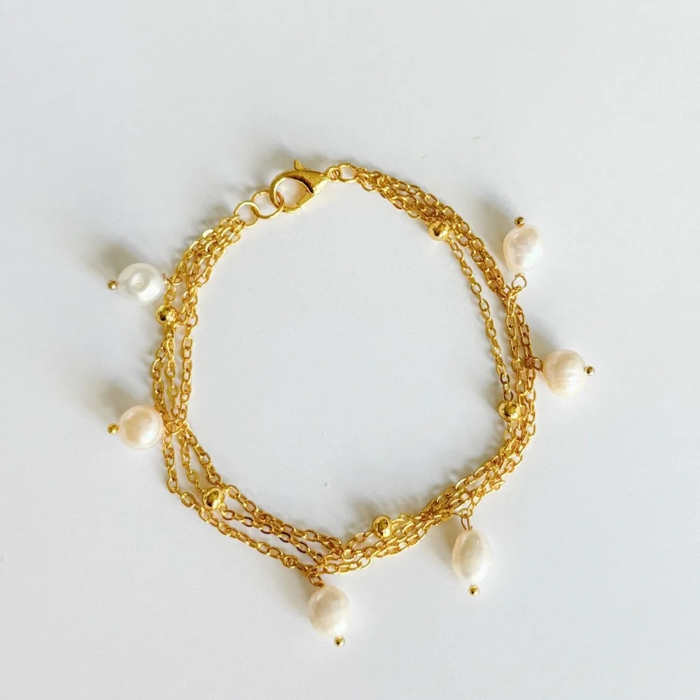 18K Yellow Gold Plated Beaded Chain And Freshwater Pearl Triple Chain Bracelet - Picture 1 of 3